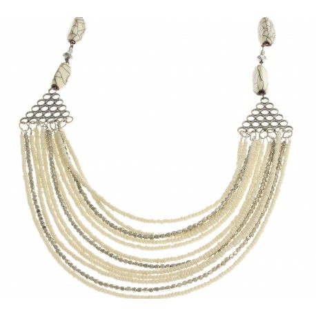 Collier fantaisie perles blanches et métal argenté - 63+7 cm