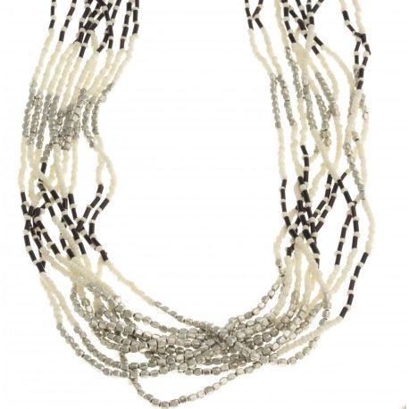 Sautoir fantaisie perles blanches et noires - métal argenté – 95 cm