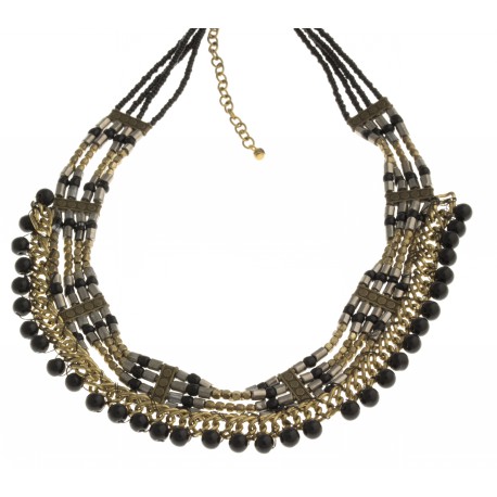 Collier fantaisie - metal argenté, doré et perles noires - 40