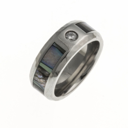 Bague acier - nacre abalone inscrustée - ep, 8mm - zircon - T 54/57