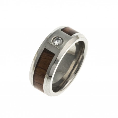 Bague acier - bois KOA d'Hawaii incrusté - ep, 8mm - zircon - T 54/57/60