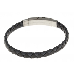 Bracelet acier - homme - cuir tressé gris et noir - réglable