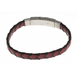 Bracelet acier - homme - cuir tressé rouge et noir - réglable