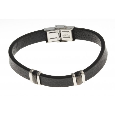 Bracelet acier 2 tons noir et blanc - homme - cuir noir - 21 cm