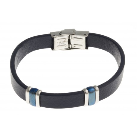 Bracelet acier 2 tons bleu et blanc - homme - cuir bleu - 21 cm