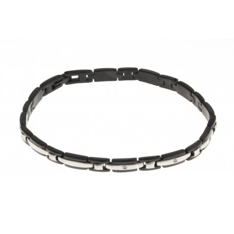 Bracelet acier 2 tons noir et blanc - zircons - 21 cm