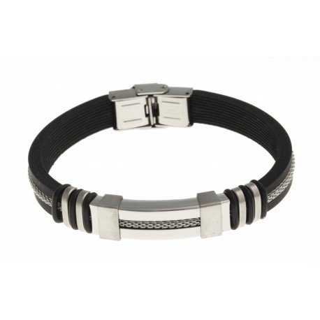 Bracelet acier - ajustable - caoutchouc noir - 21 cm