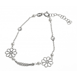 Bracelet argent rhodié 1,5g - fleurs - perles - zircons - 16+3