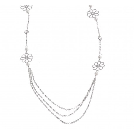 Collier argent rhodié 3,6g - fleurs - perles - zircons - 16+3 cm