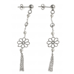 Boucles d'oreille argent rhodié 2,1g - fleurs - perles - zircons - 5 cm