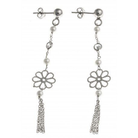 Boucles d'oreille argent rhodié 2,1g - fleurs - perles - zircons - 5 cm