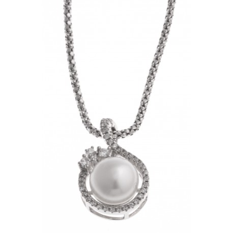 Collier argent rhodié 5g - perle de culture blanche - zircons - 45 cm