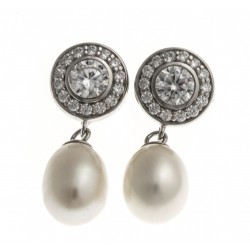 Boucles d'oreille en argent rhodié 4g - perles véritables blanches - zircons