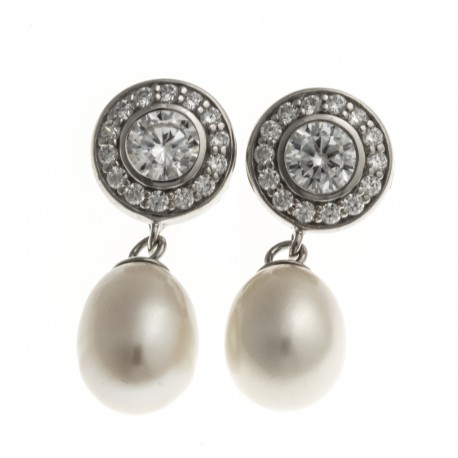 Boucles d'oreille en argent rhodié 4g - perles véritables blanches - zircons