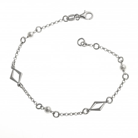Bracelet argent rhodié 2,8g - losanges - perles SW - 18,5 cm