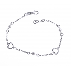 Bracelet argent rhodié 2,7g - coeurs - perles SW - 18,5 cm