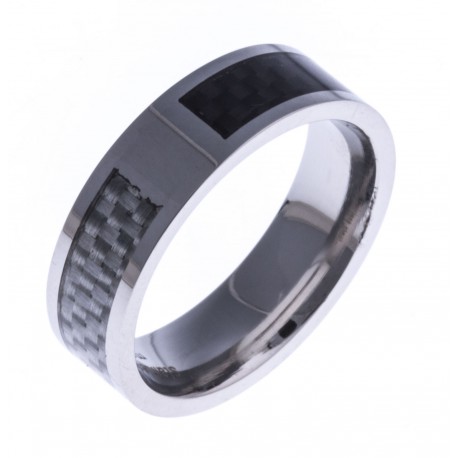 Bague acier homme - fibre de carbone noire et blanche - 8mm - T 56 à 70