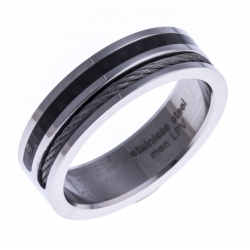 Bague acier homme - câble blanc - carbone noire - 8mm - T 56 à 70