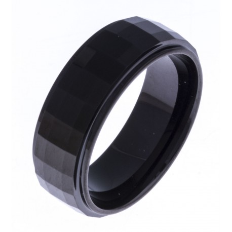 Bague tungstène - finition brillante - facettée - Black IP -  8mm - T 60 à 68