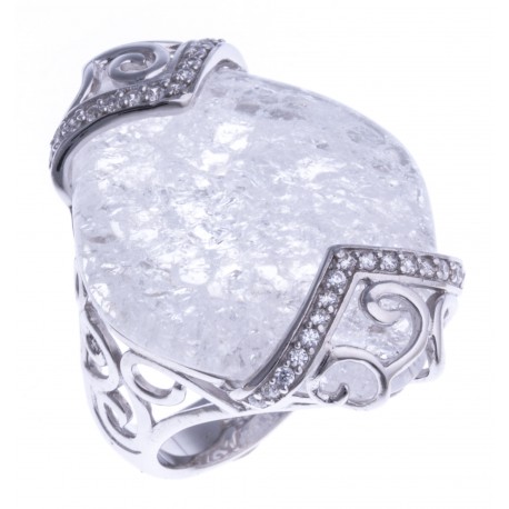 Bague argent rhodié 6,6g - quartz cristal - zircons - T 52 à 60