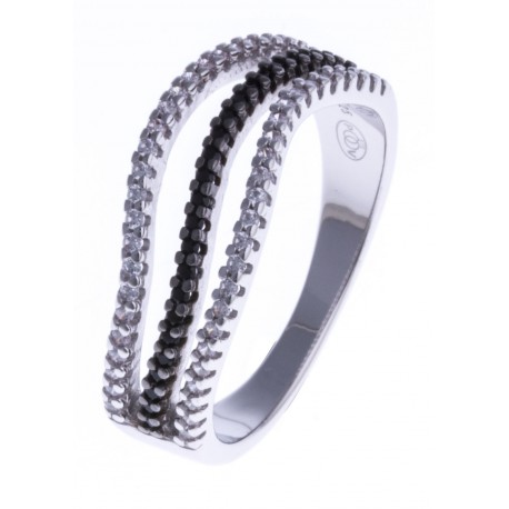 Bague argent rhodié 2,9g - zircons noirs et blancs - T 52 à 60