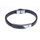 Bracelet acier homme - 2 tons - zircon noir - cuir noir - 21cm