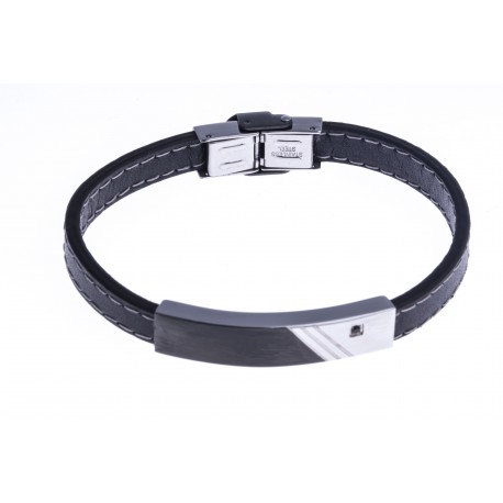 Bracelet acier homme - 2 tons - zircon noir - cuir noir - 21cm