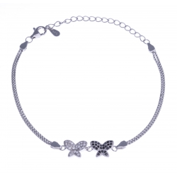 Bracelet argent rhodié 4,1g - "papillons" - zircons blancs et noirs - 1