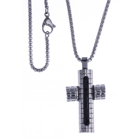 Collier acier homme - "croix" - email noir - 50cm