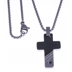 Collier acier homme - "croix" - 2 tons - zircon noir - 50cm