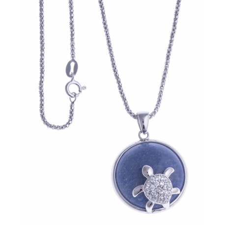 Collier argent rhodié 8,1g - "tortue" - quartz bleu - zircons - 45cm