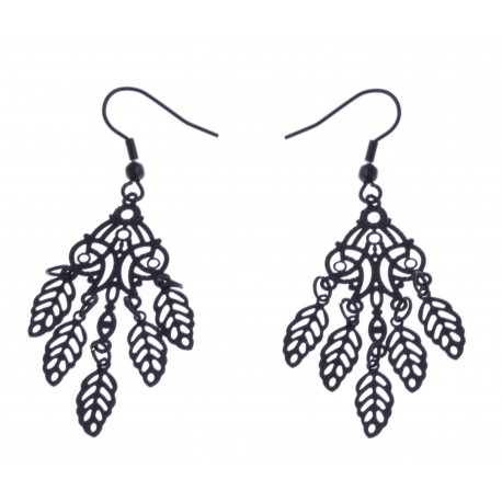 Boucles d'oreille acier noir - "feuilles"