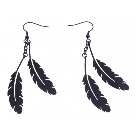 Boucles d'oreille acier noir - "plume"