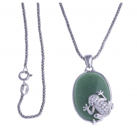 Collier argent rhodié 6,9g - grenouille - aventurine verte - zircons - 45cm