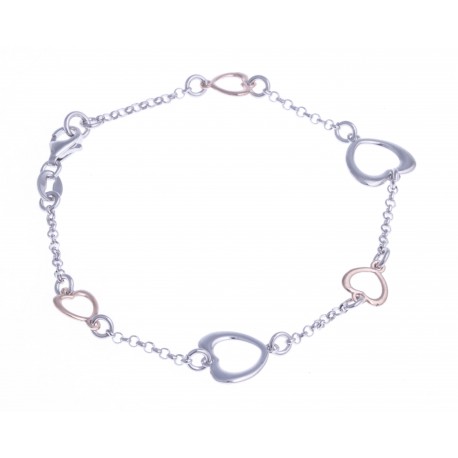 Bracelet argent rhodié 3,3g - 2 tons - coeurs - 18,5 cm