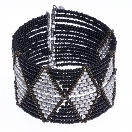 Manchette fantaisie - métal argenté - perles noires - hauteur 38cm