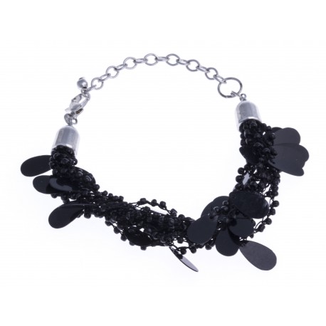 Bracelet fantaisie breloques et perles noirs 17+5cm