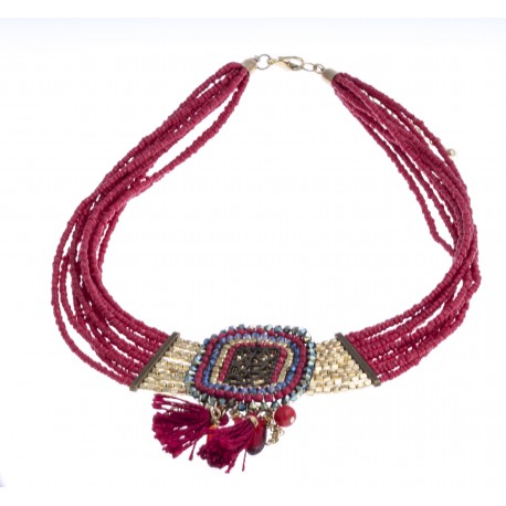 Collier fantaisie - plastron - métal doré - perles multicolores - breloques et p