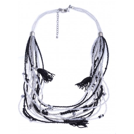 Collier fantaisie - métal argenté - perles noires et transparentes - 65+8cm