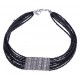 Collier fantaisie - plastron - métal argenté - perles noires - extension 6cm