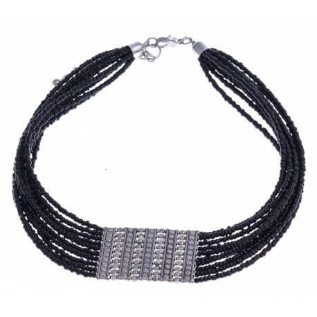 Collier fantaisie - plastron - métal argenté - perles noires - extension 6cm