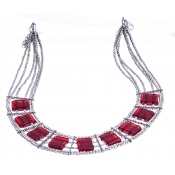 Collier fantaisie - plastron - métal argenté - résine rouge - extension 6cm