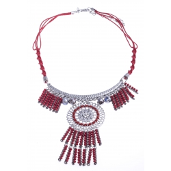 Collier fantaisie - métal argenté - perles rouges - 40+8cm