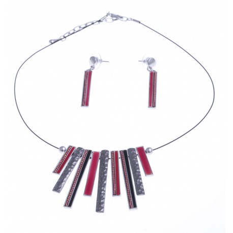 Parure fantaisie - collier "batons rouges" - "vieil argent" - 4