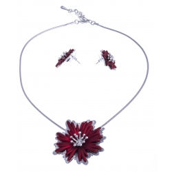 Parure fantaisie - collier "fleur rouge" - 41+8 cm + boucles assorties