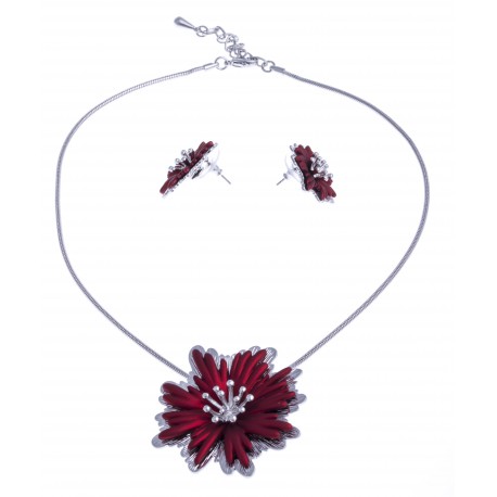 Parure fantaisie - collier "fleur rouge" - 41+8 cm + boucles assorties