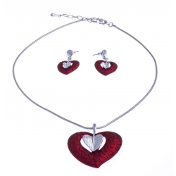 Parure fantaisie - collier "coeur rouge" - 41+8 cm + boucles assorties
