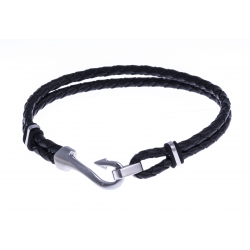 Bracelet acier homme "crochet" - cuir tressé noir - 20cm