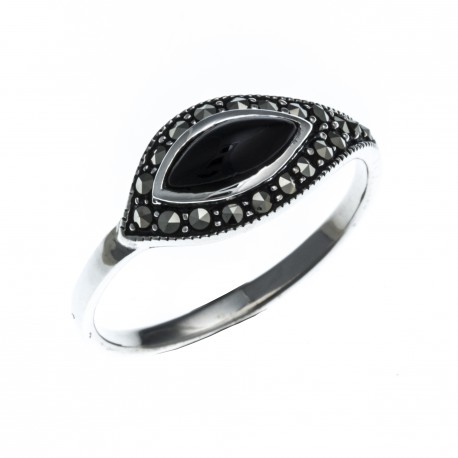 Bague argent rhodié 2,1g - marcassites - onyx - T50 à 60