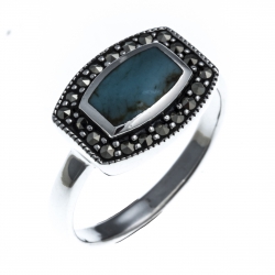 Bague argent rhodié 3g - marcassites - turquoise - T50 à 60